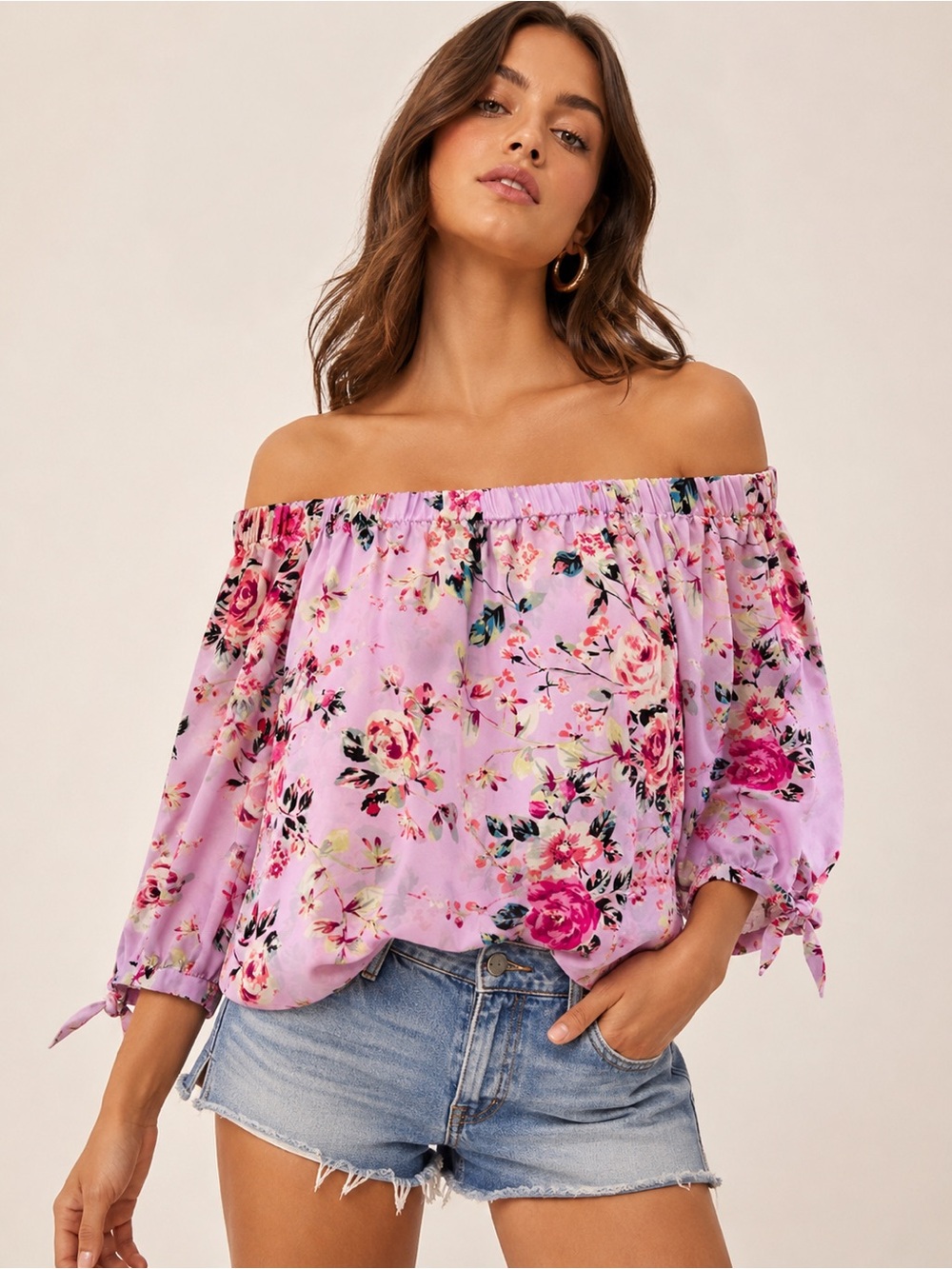Express Floral Off Shoulder Lavender Tie
Sleeve Blouse